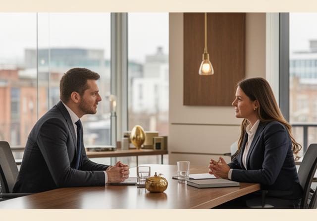 Professional business advisor consulting with Irish entrepreneur in a modern Dublin office overlooking the city